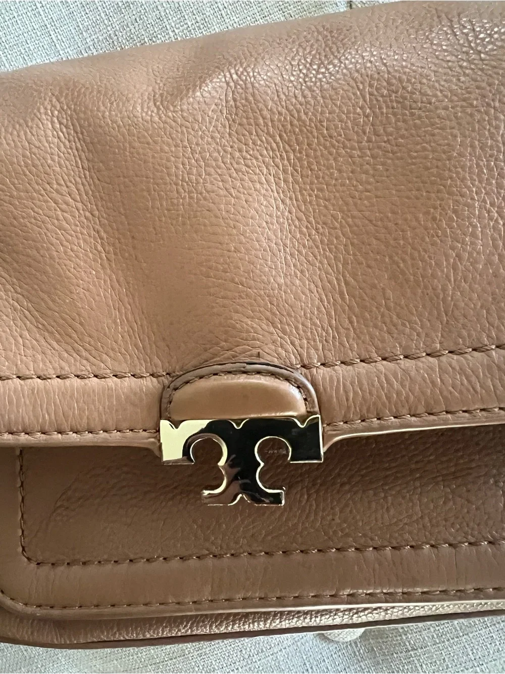Tory Burch Cognac Fold over Amanda  Tan Leather Shoulder Bag with Gold Hardware